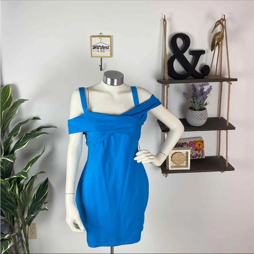 Super Down Cross Front‎ Halter Cotton Stretch Dress Blue Medium Bodycon Sexy Y2K